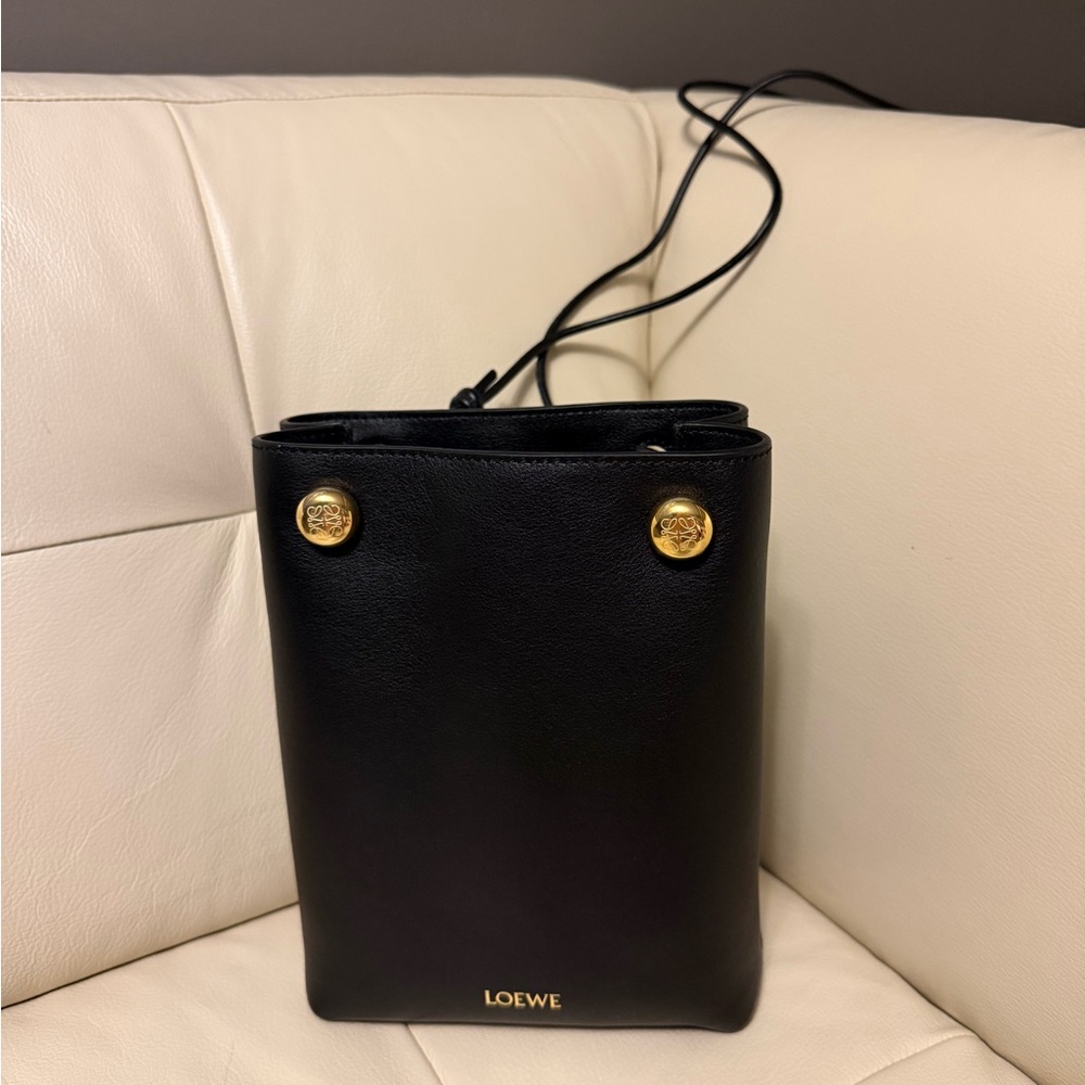 Loewe Black Leather Logo Printed Pouch with Gold Button Accents